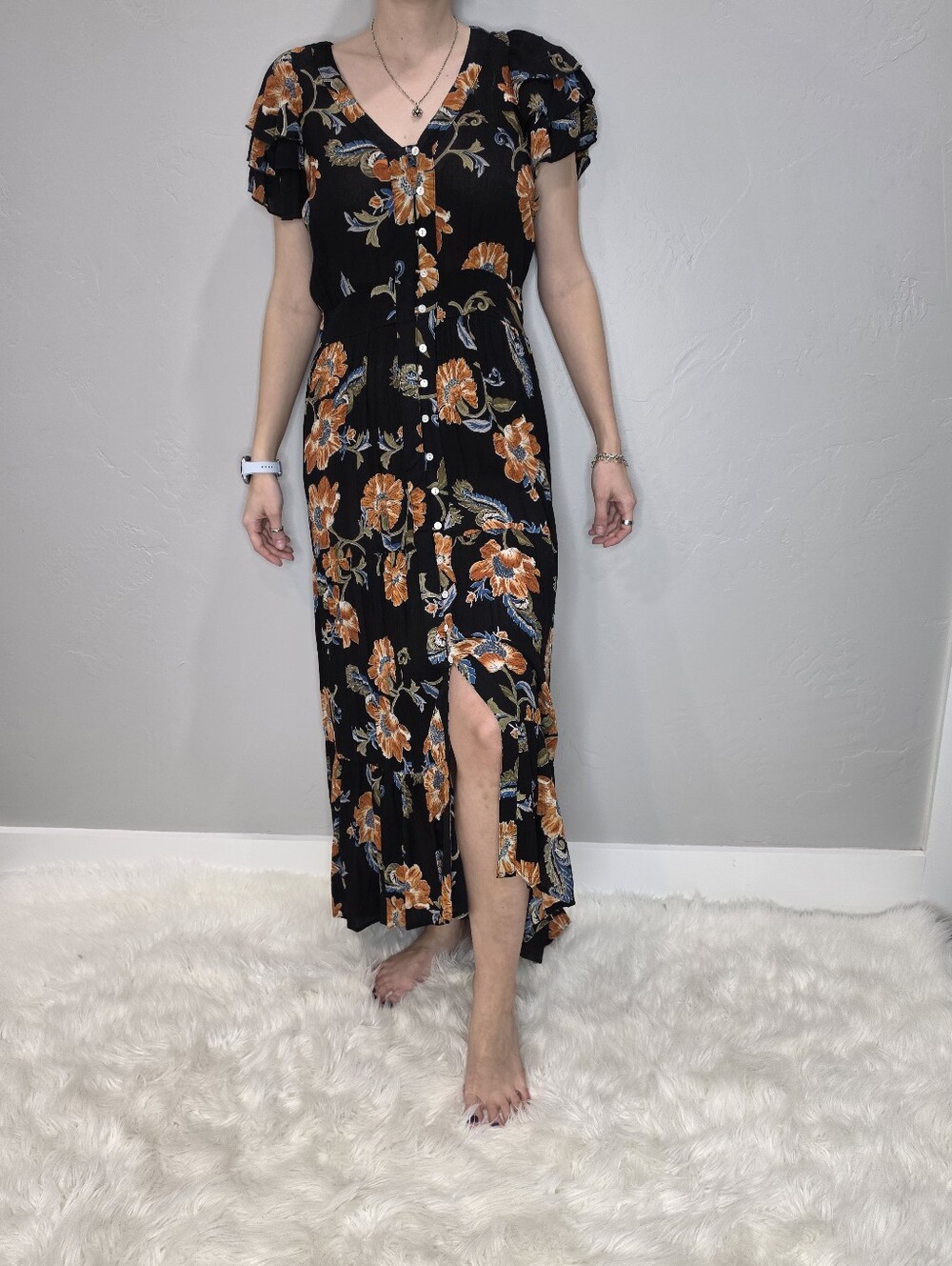 Black Floral Maxi Dress with Orange Blooms